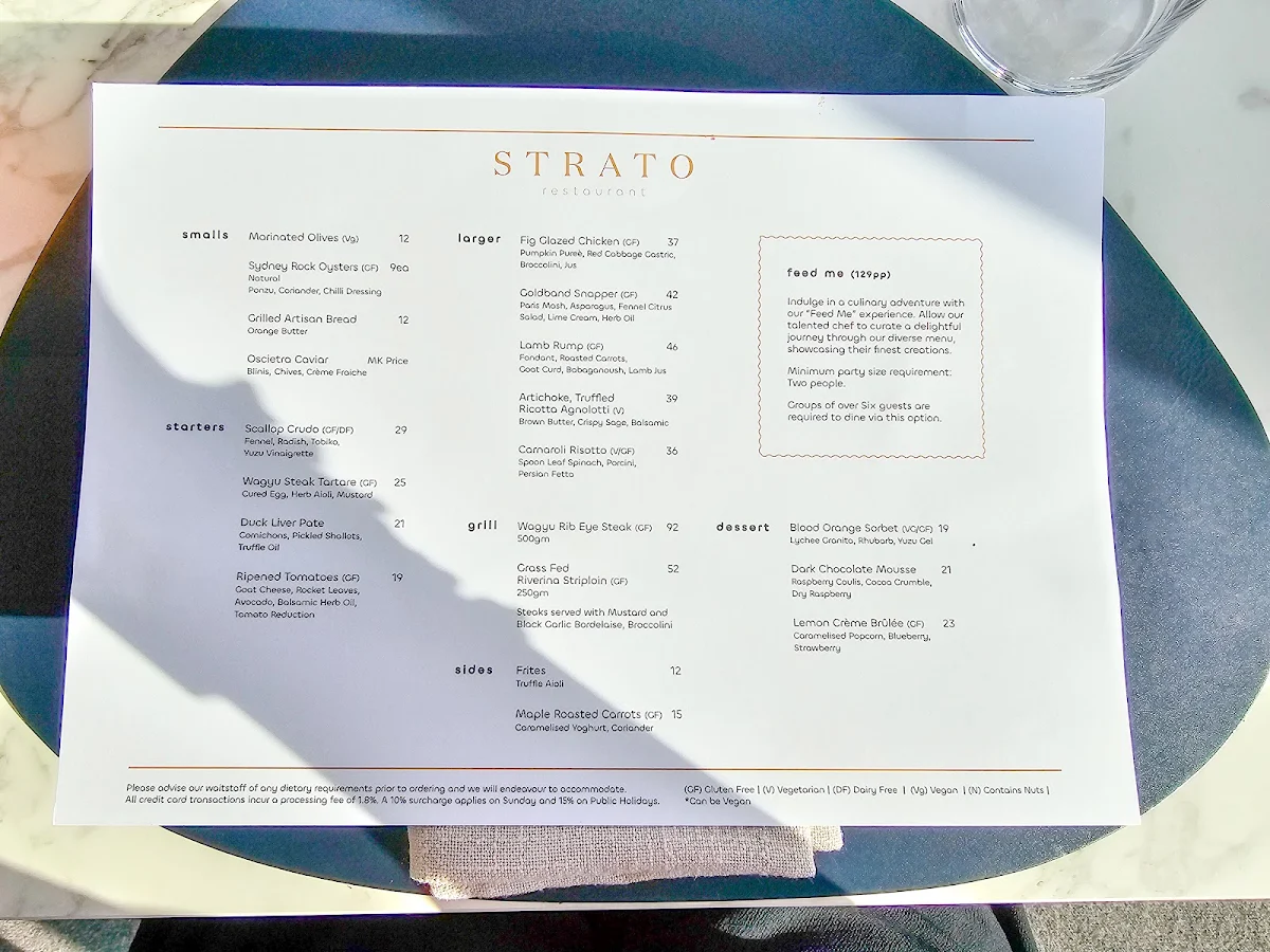 Menu, Strato Melbourne - Bar and Restaurant