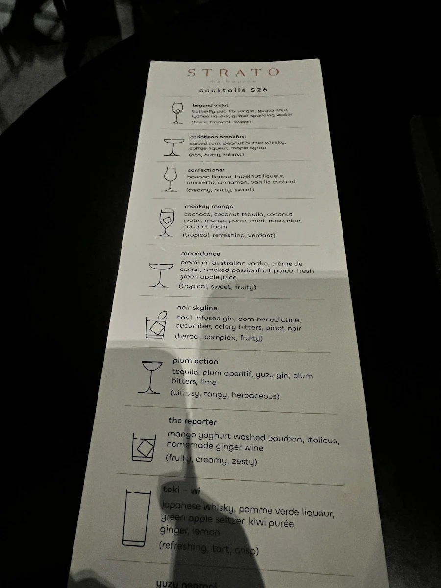 Menu, Strato Melbourne - Bar and Restaurant