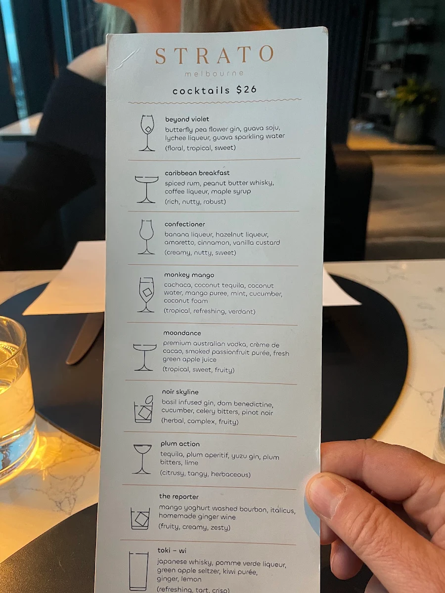 Menu, Strato Melbourne - Bar and Restaurant
