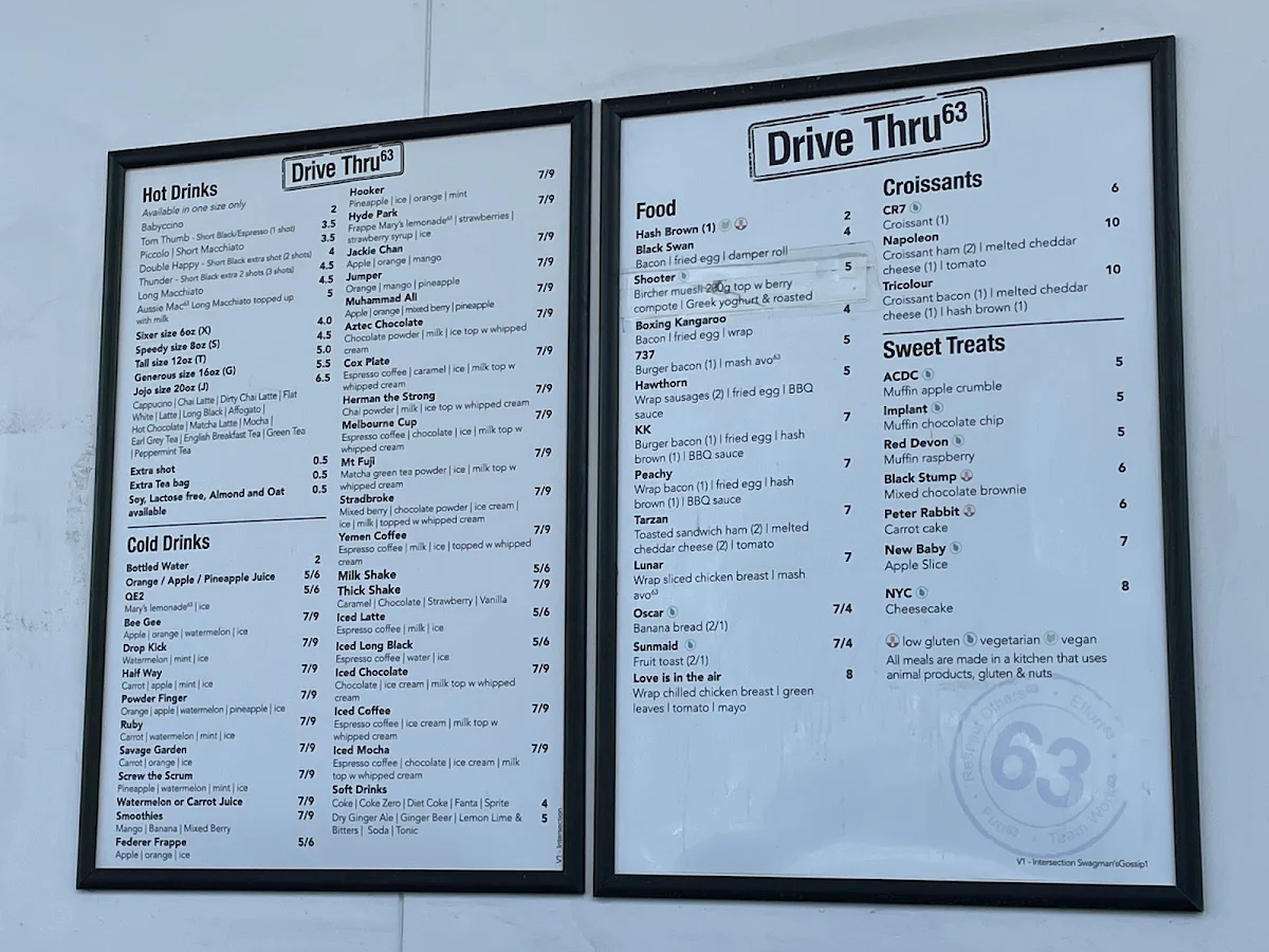 Menu, Café63 INTERSECTION