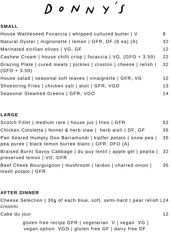 Menu, Donny's