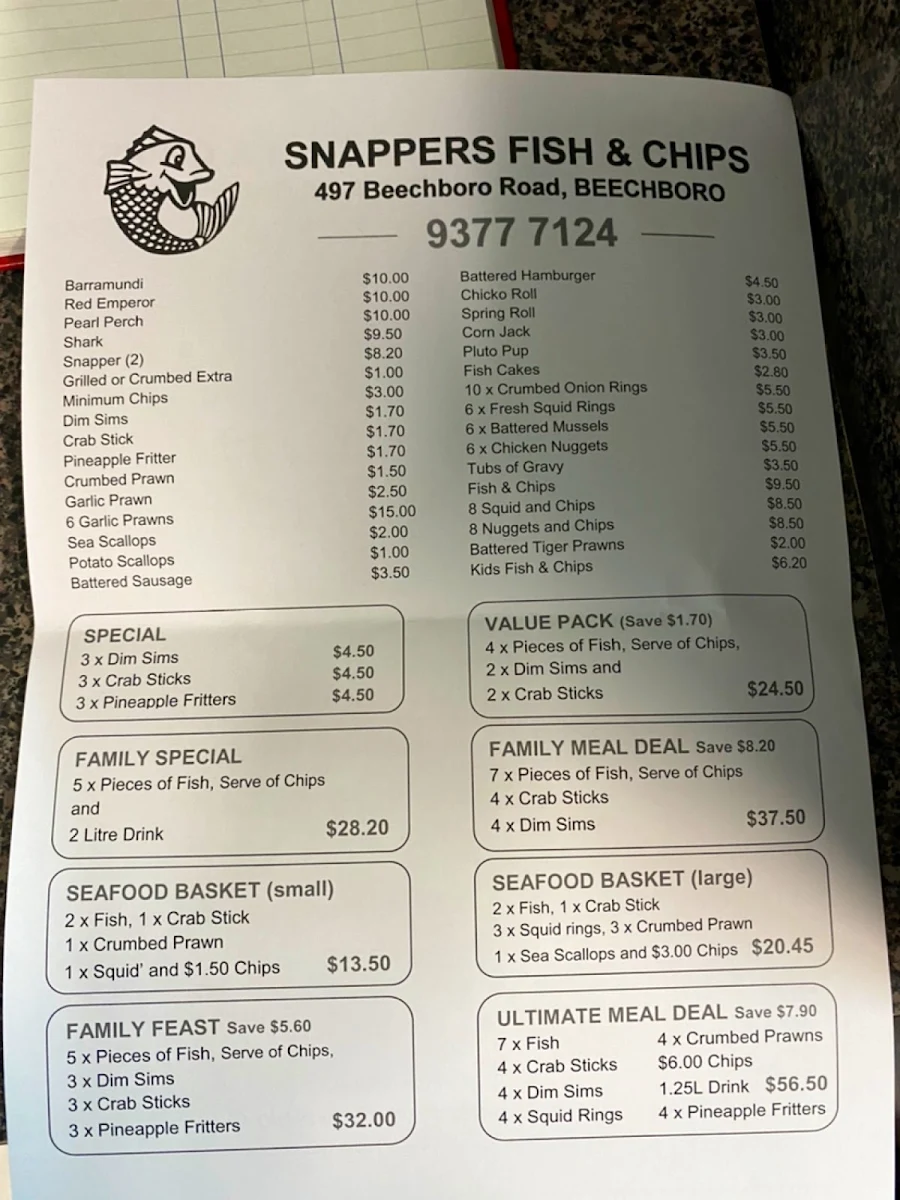 Menu, Snappers Fish & Chips