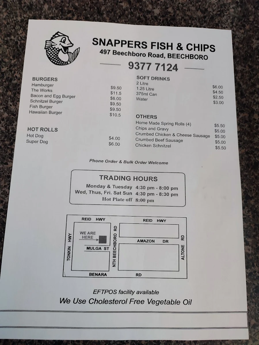 Menu, Snappers Fish & Chips
