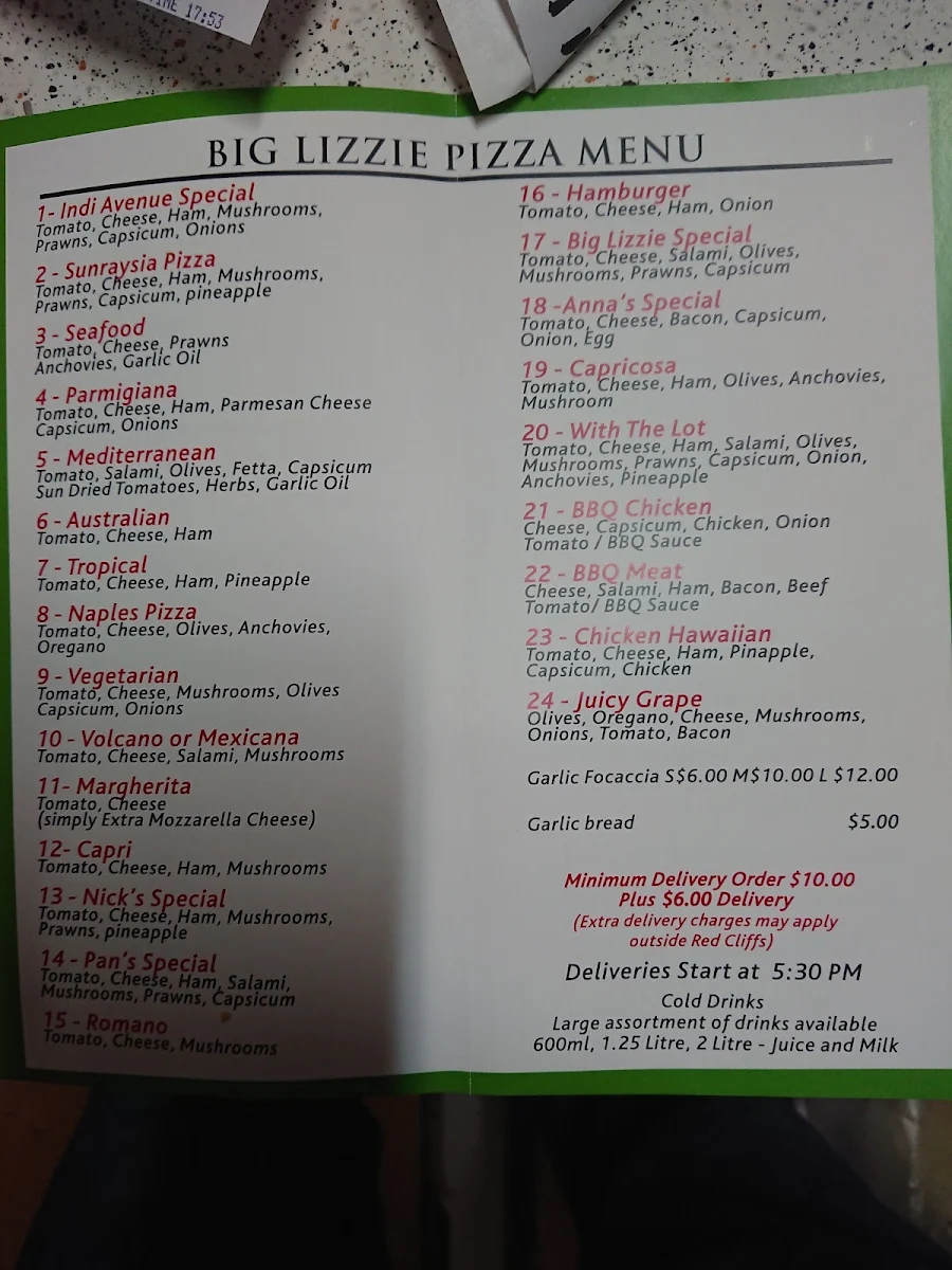 Menu, Big Lizzie Pizza & Takeaway (Red Cliffs)