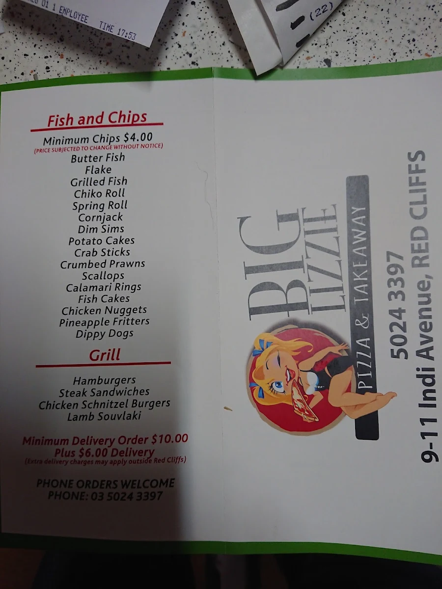Menu, Big Lizzie Pizza & Takeaway (Red Cliffs)