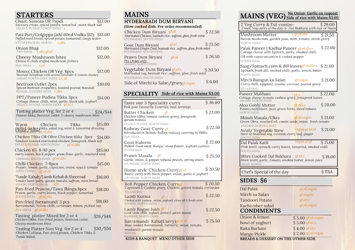 Menu, Chatterbox Indian Kitchen