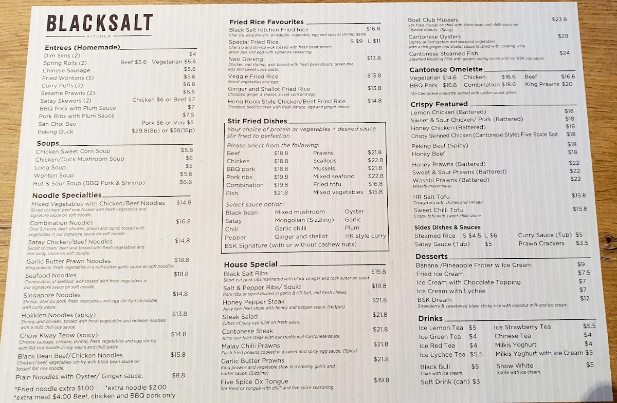 Menu, BLACK SALT KITCHEN