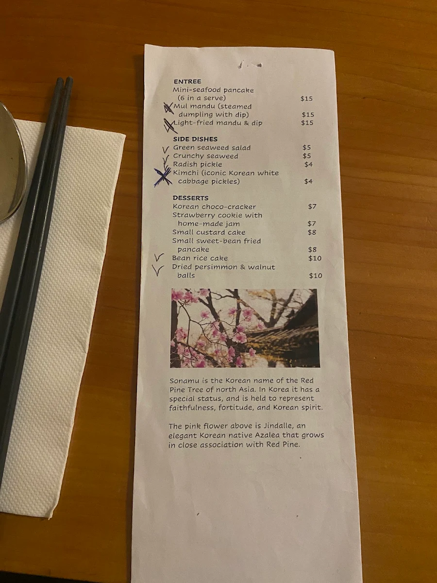 Menu, Sonamu Korean Restaurant