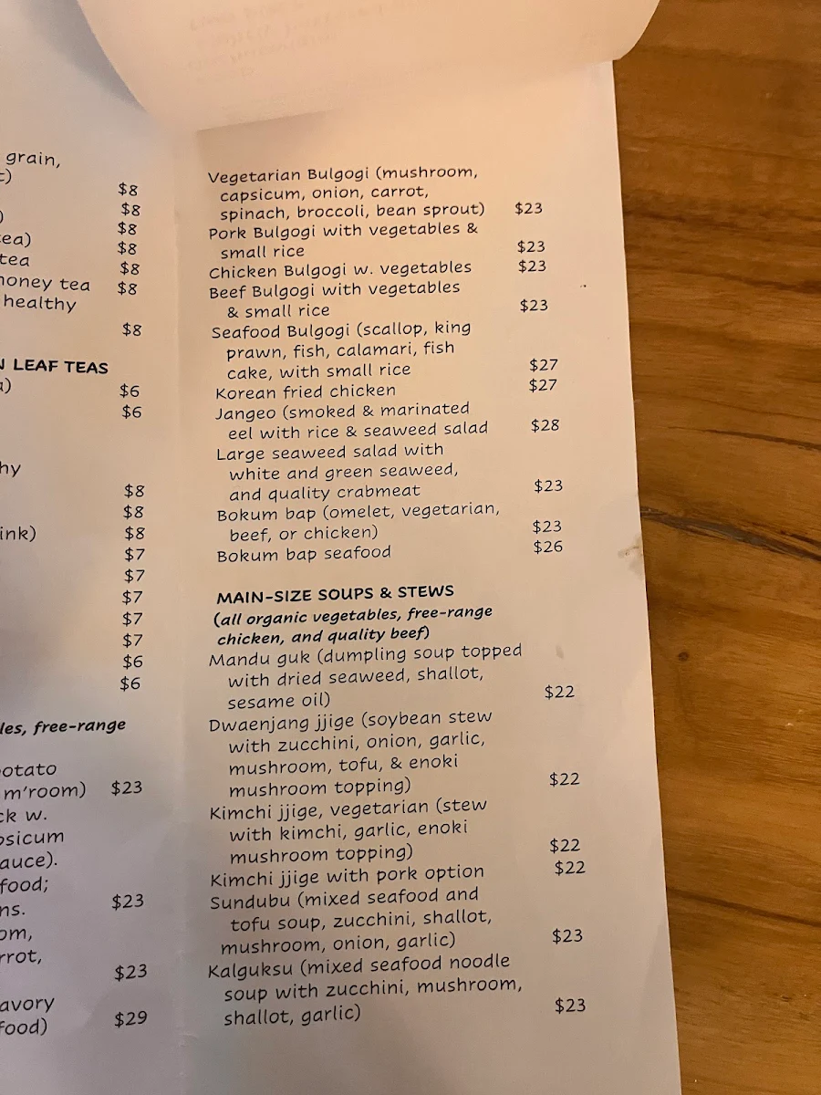 Menu, Sonamu Korean Restaurant
