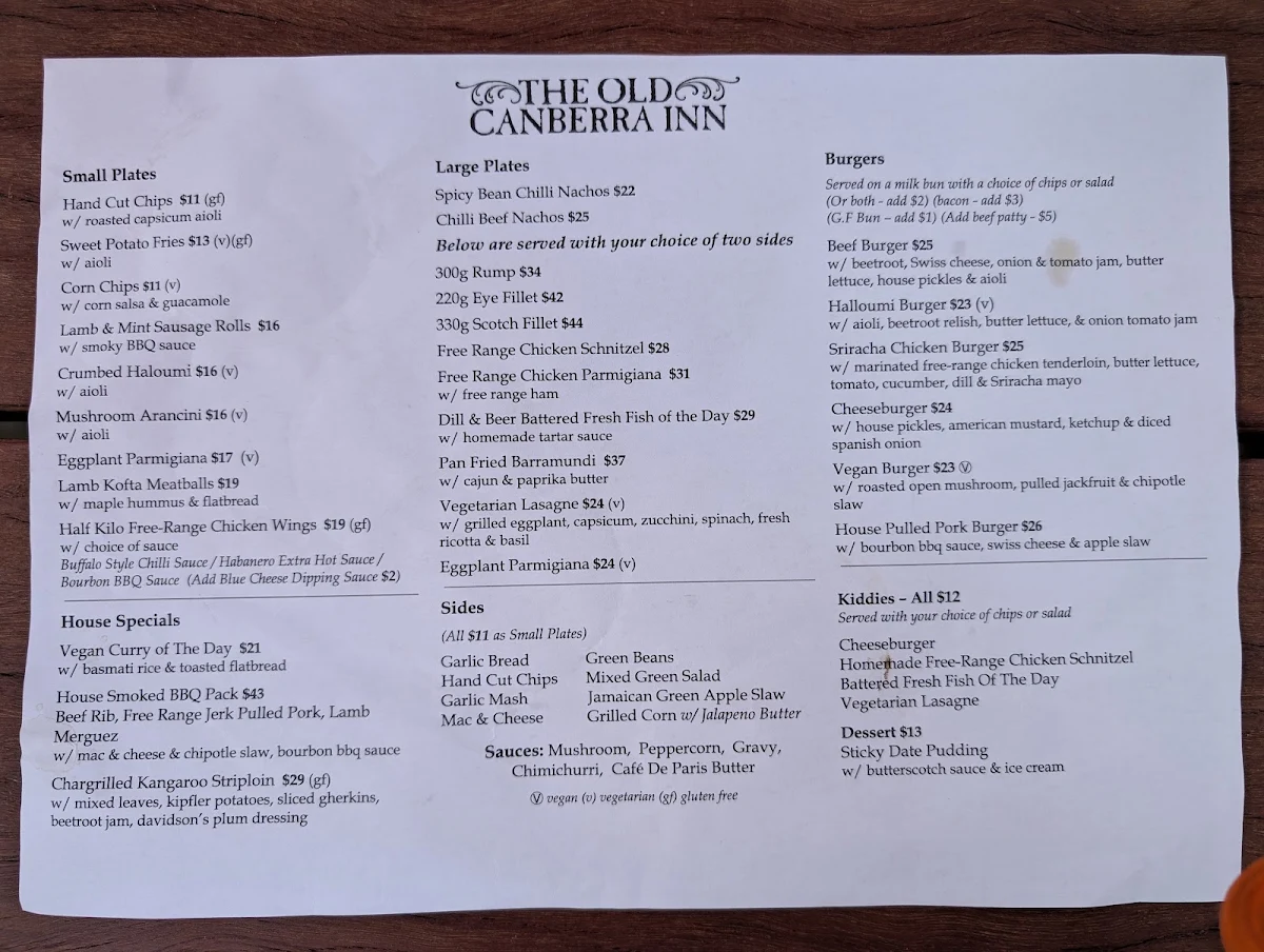 Menu, The Old Canberra Inn