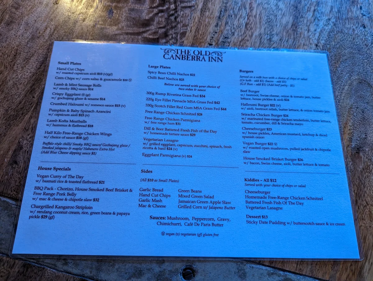 Menu, The Old Canberra Inn