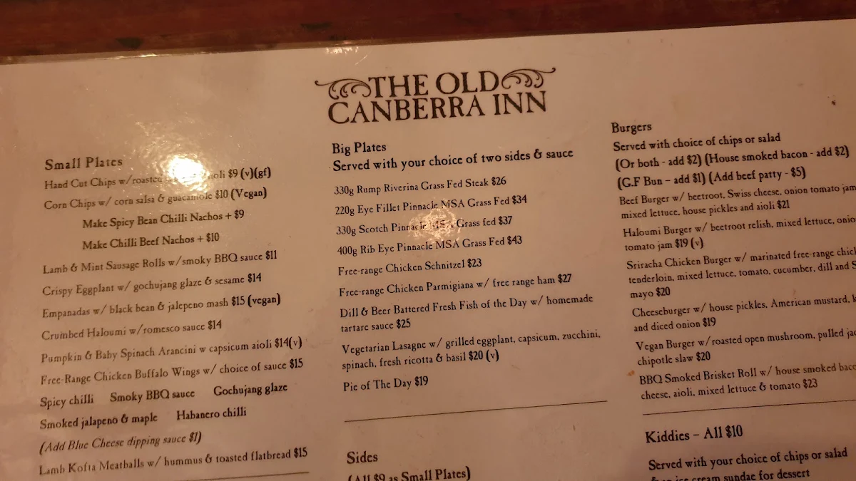 Menu, The Old Canberra Inn