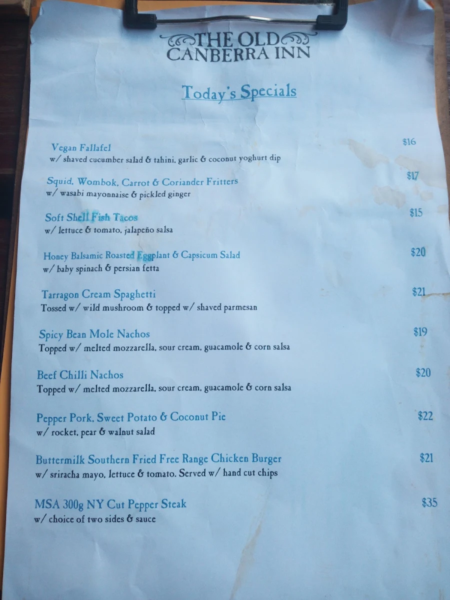 Menu, The Old Canberra Inn