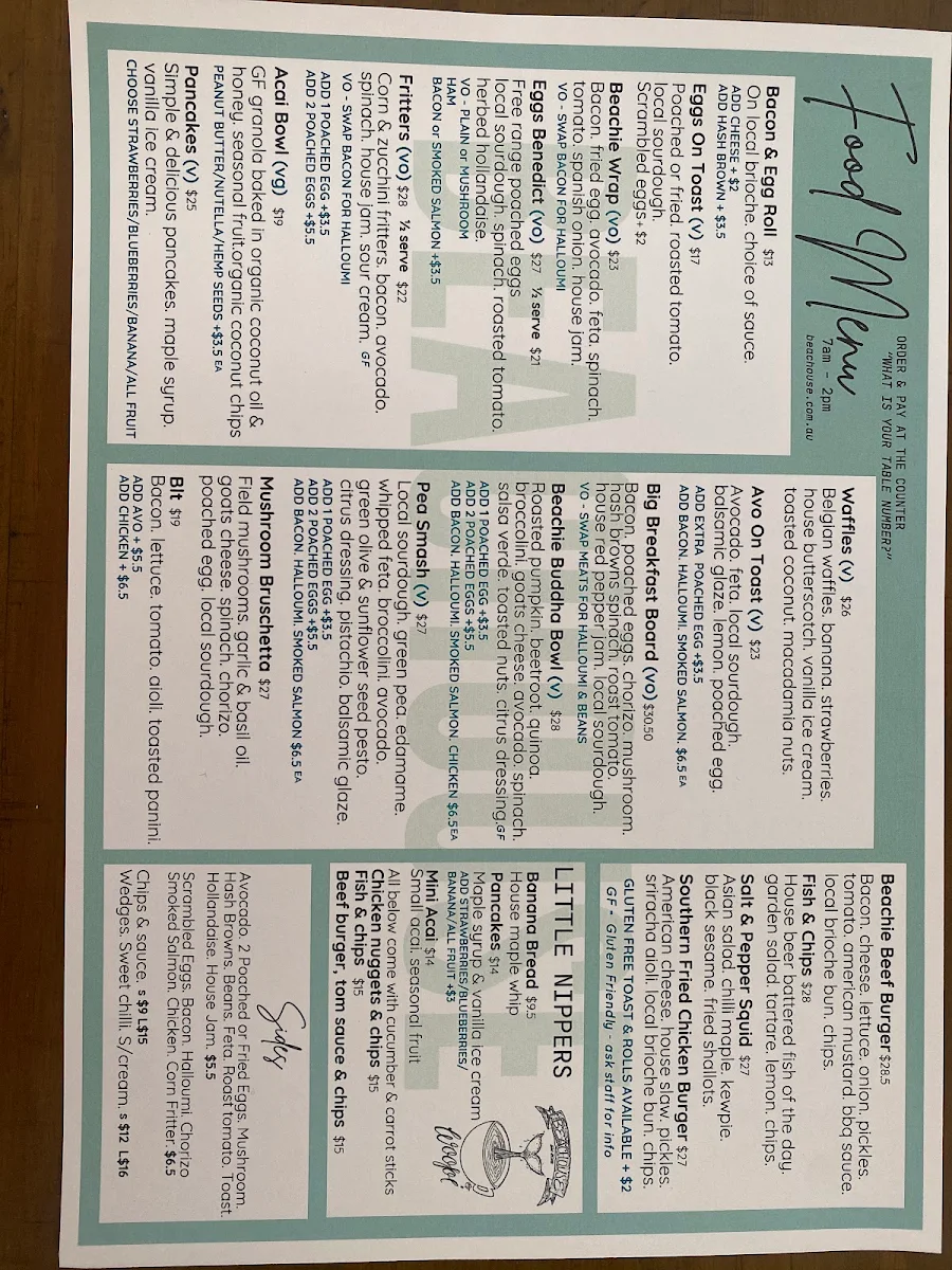 Menu, Beachouse Cafe