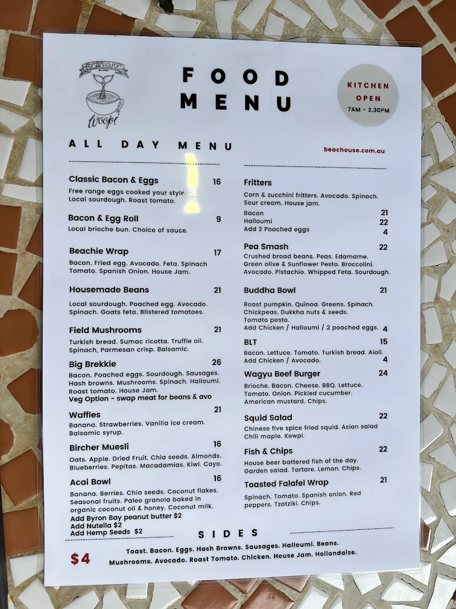 Menu, Beachouse Cafe