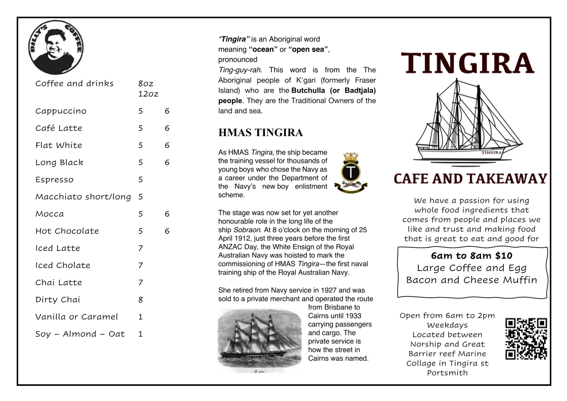 Menu, Tingira Cafe
