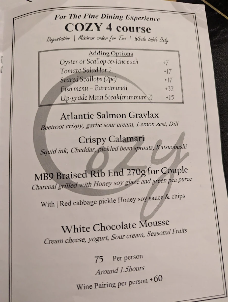 Menu, Cozy Dining