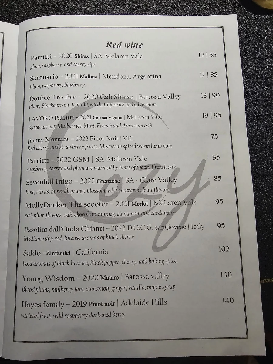 Menu, Cozy Dining