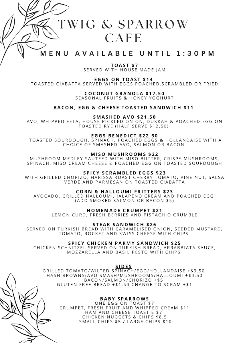 Menu, Twig & Sparrow Cafe