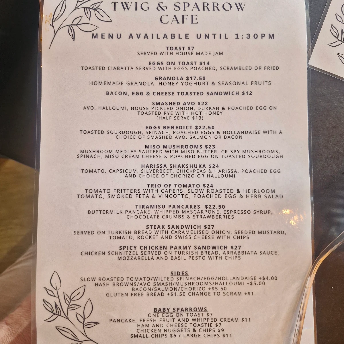 Menu, Twig & Sparrow Cafe