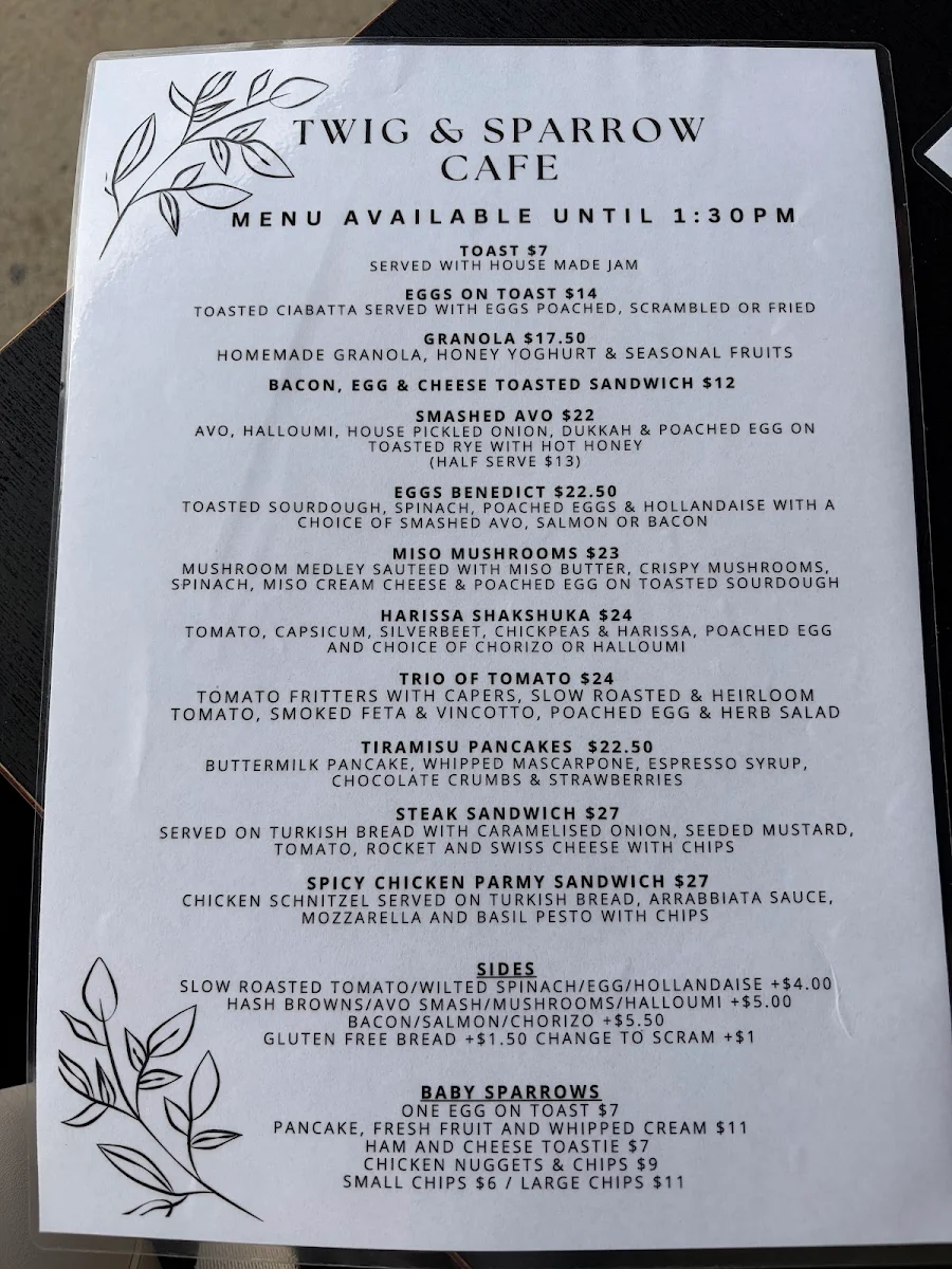 Menu, Twig & Sparrow Cafe