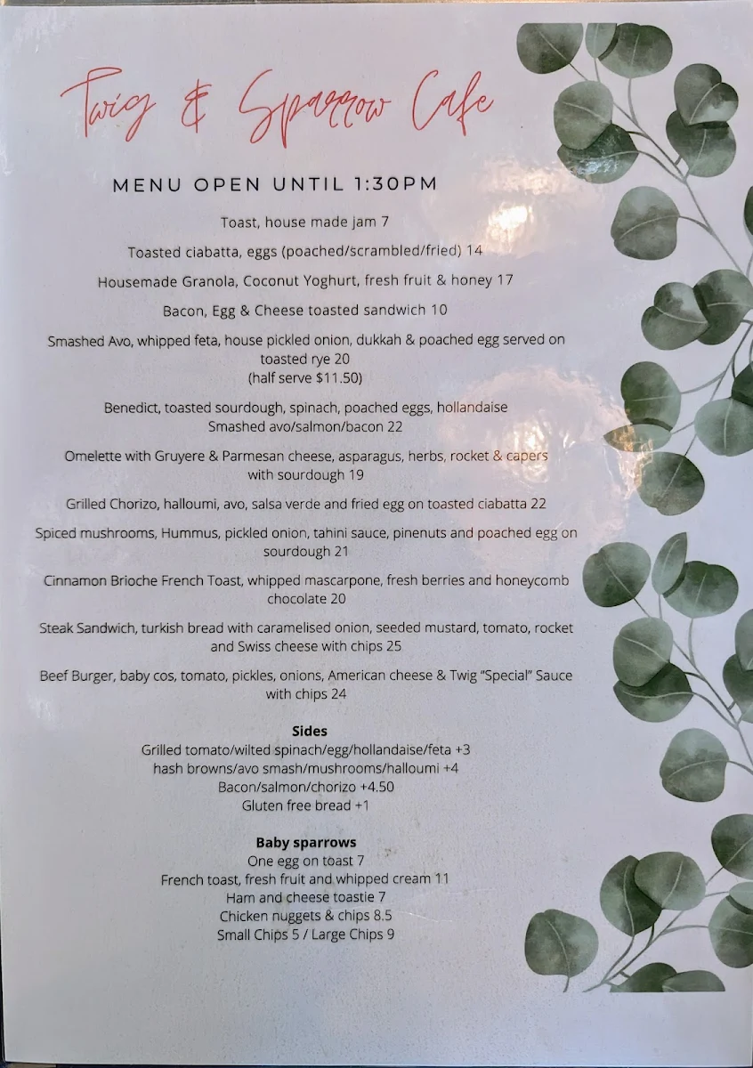 Menu, Twig & Sparrow Cafe