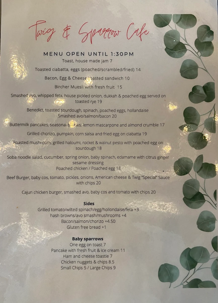 Menu, Twig & Sparrow Cafe