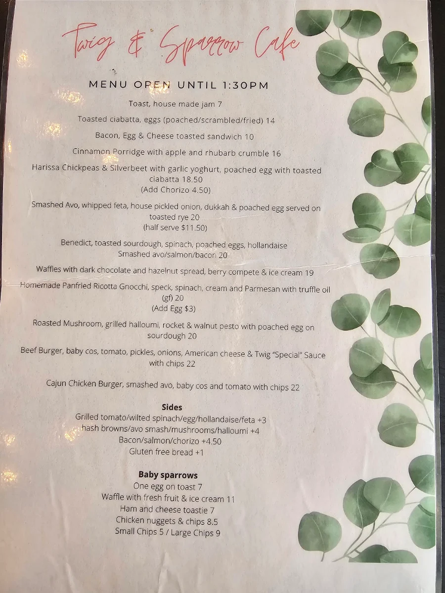 Menu, Twig & Sparrow Cafe