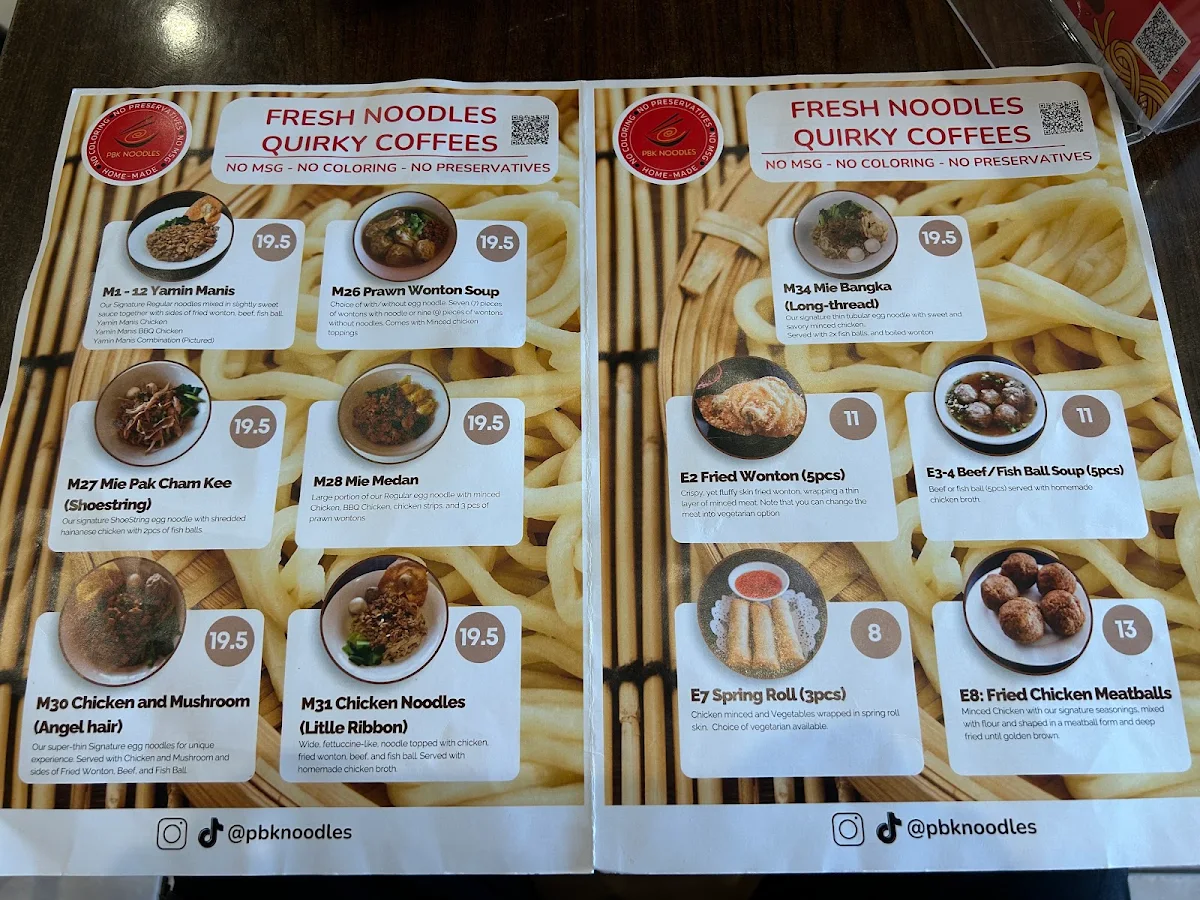 Menu, PBK Noodles