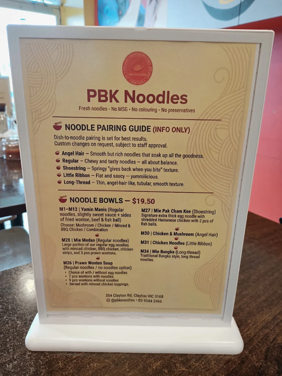 Menu, PBK Noodles