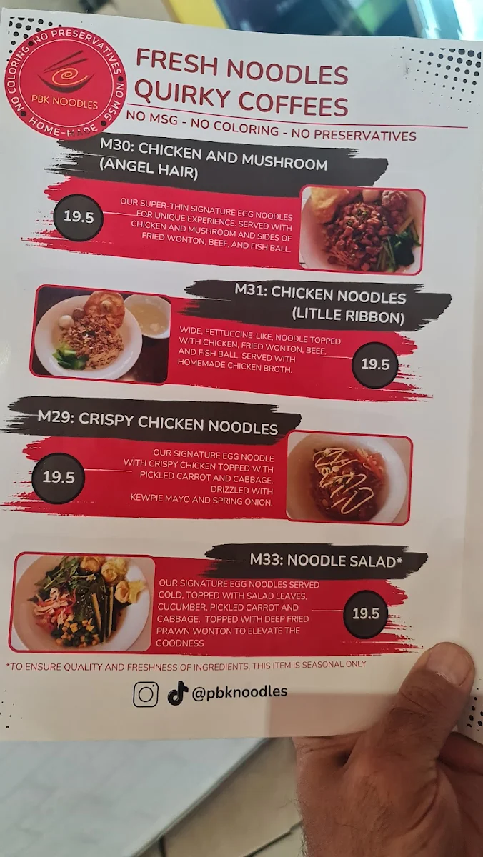 Menu, PBK Noodles