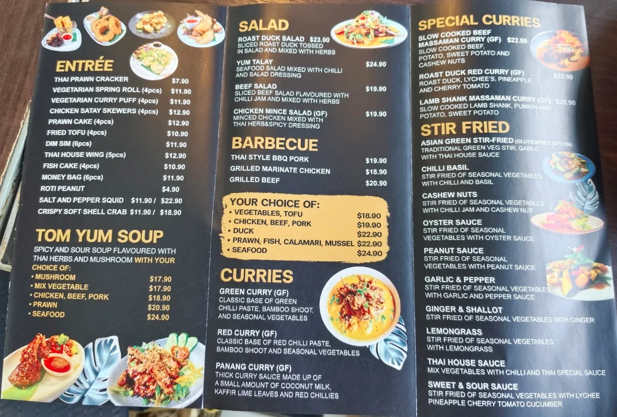Menu, Leura Thai house