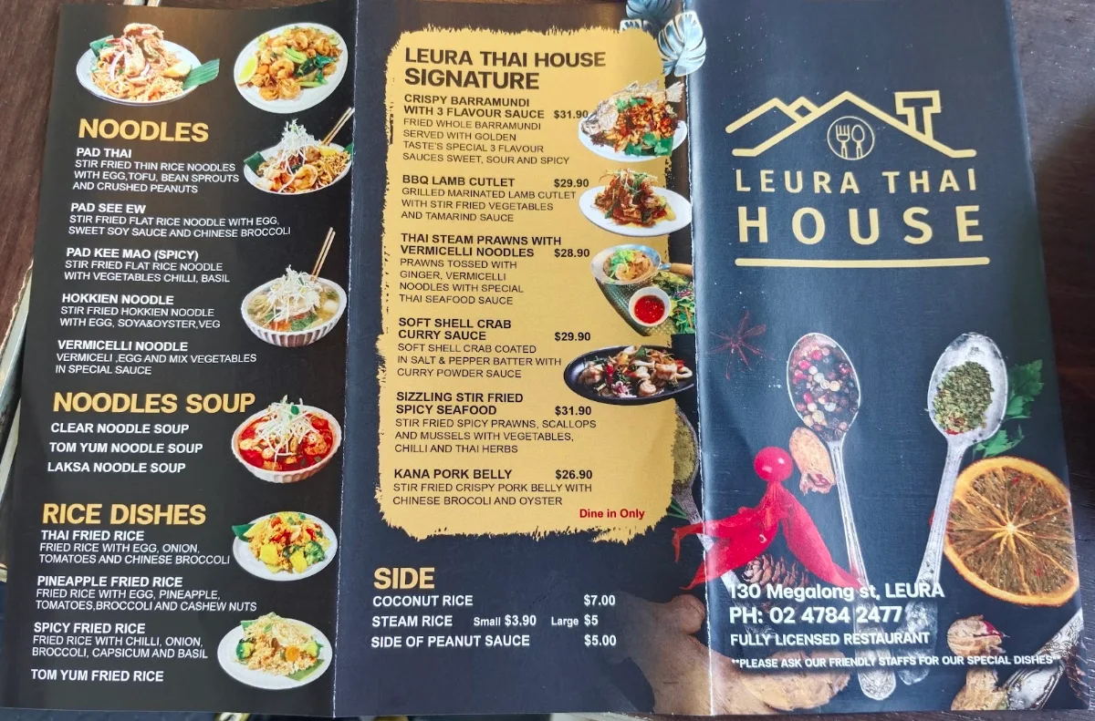 Menu, Leura Thai house