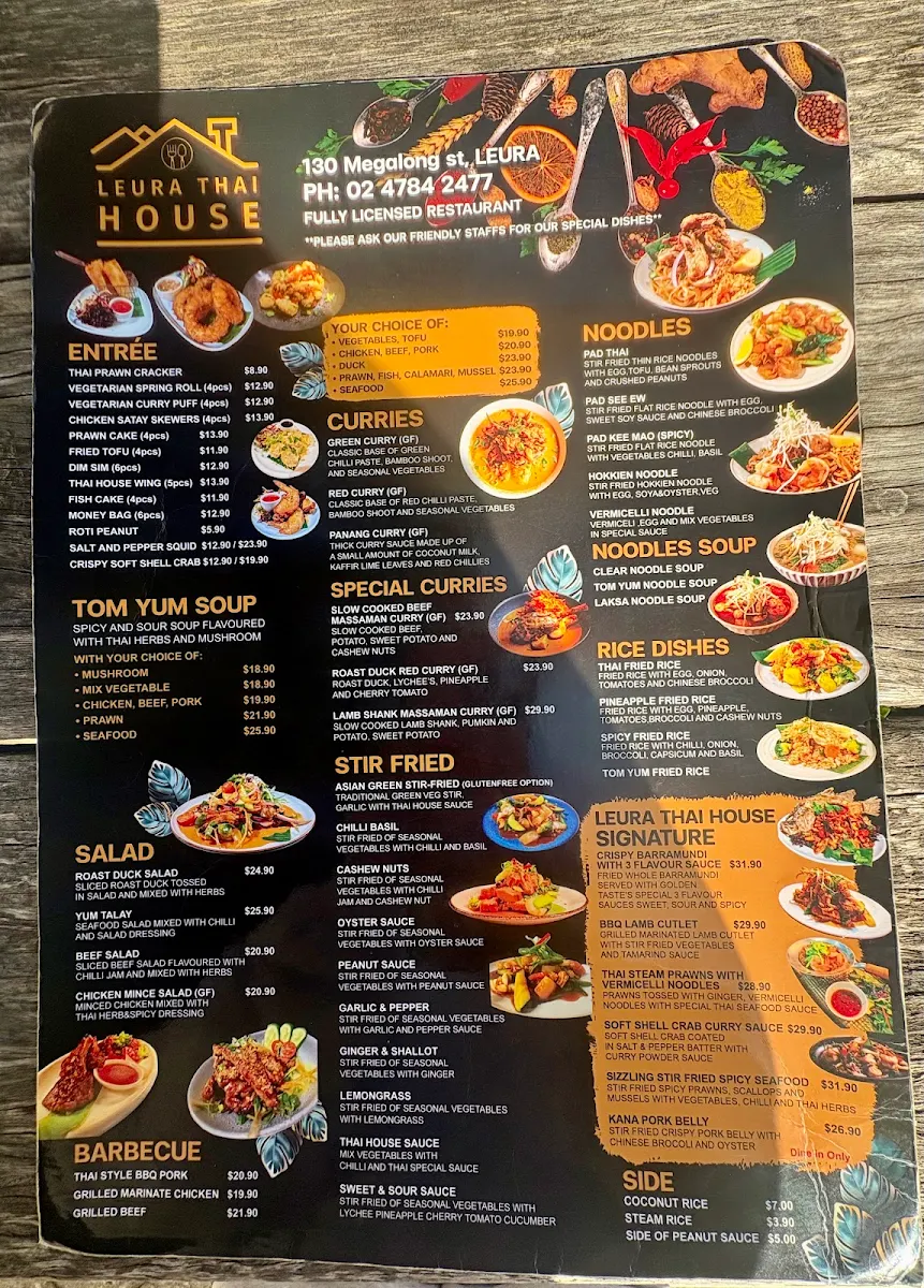 Menu, Leura Thai house
