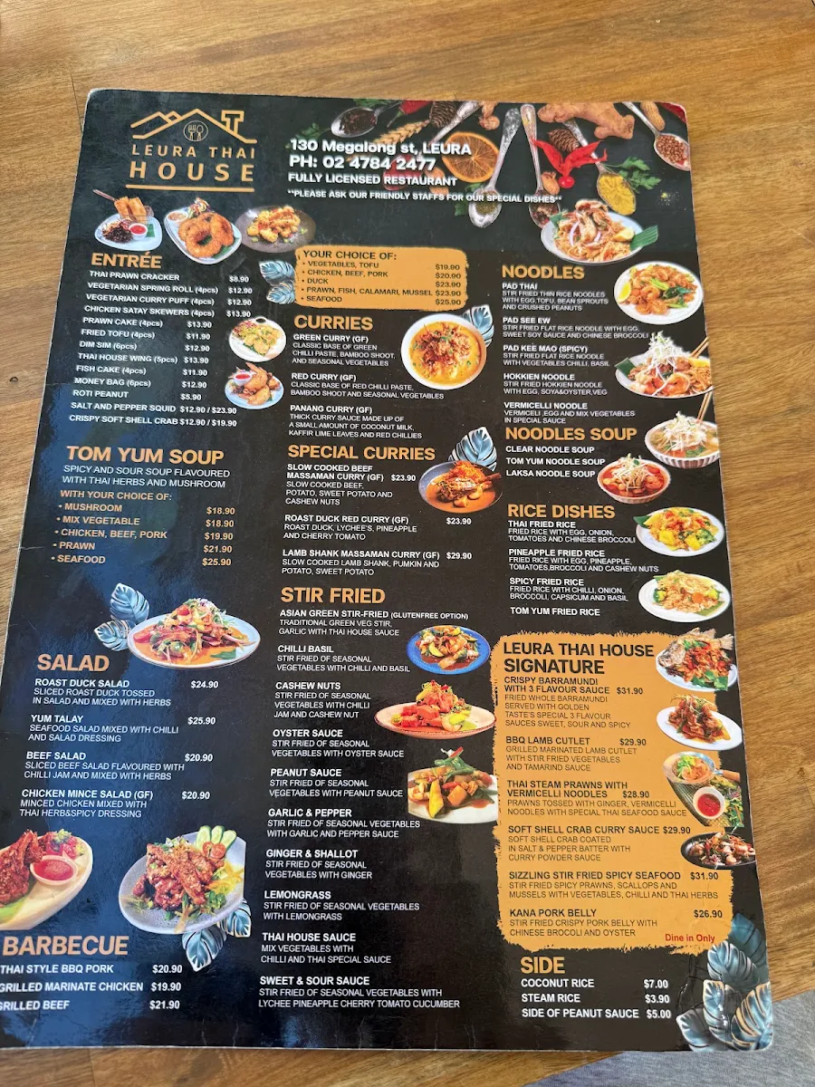 Menu, Leura Thai house