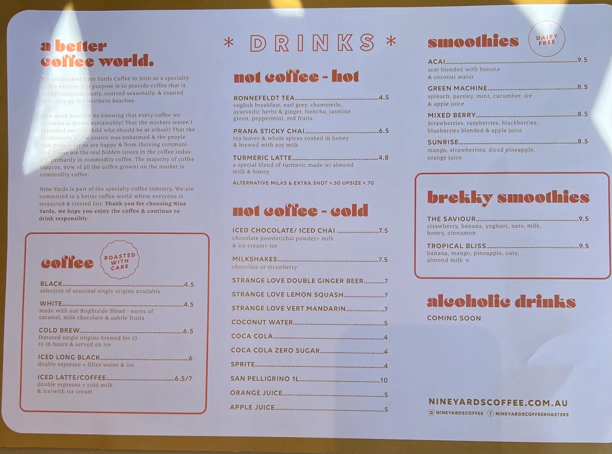 Menu, The Brightside Cafe