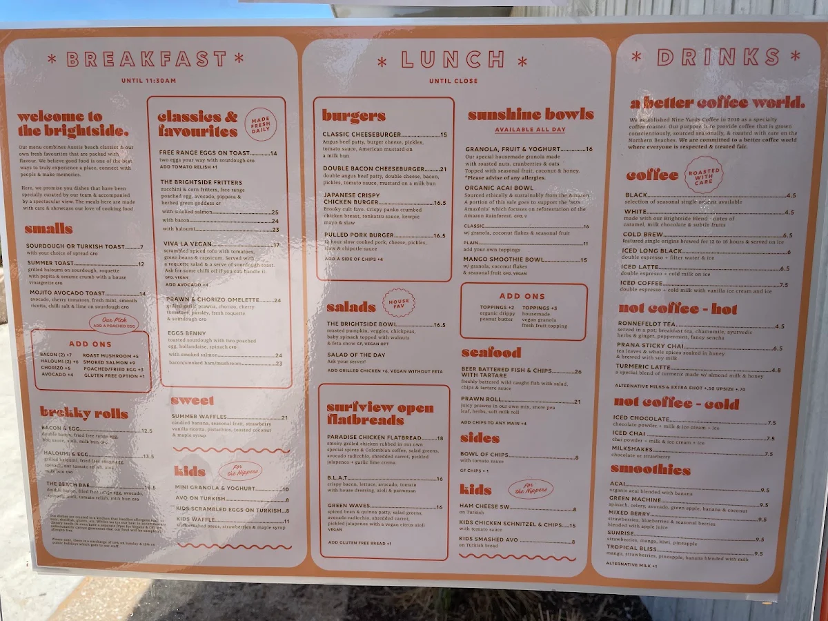 Menu, The Brightside Cafe