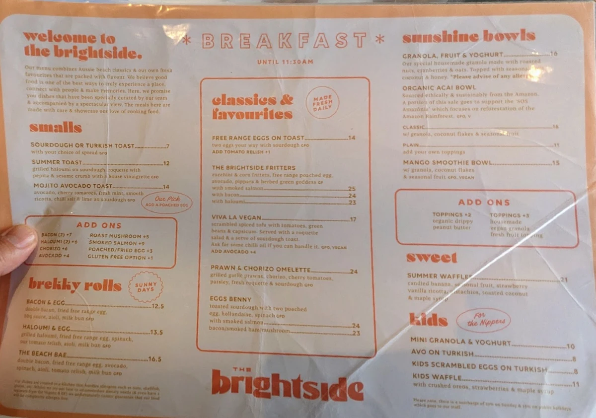 Menu, The Brightside Cafe