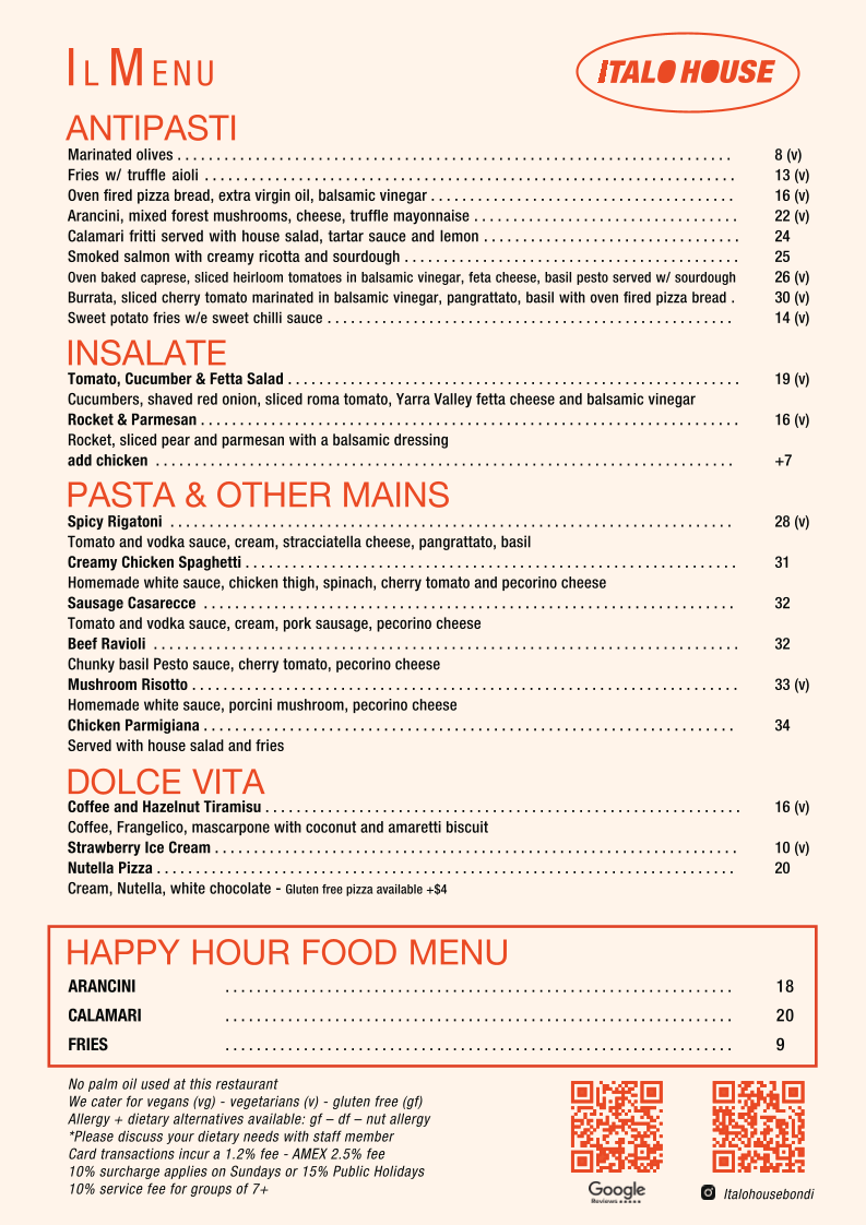 Menu, Italo House