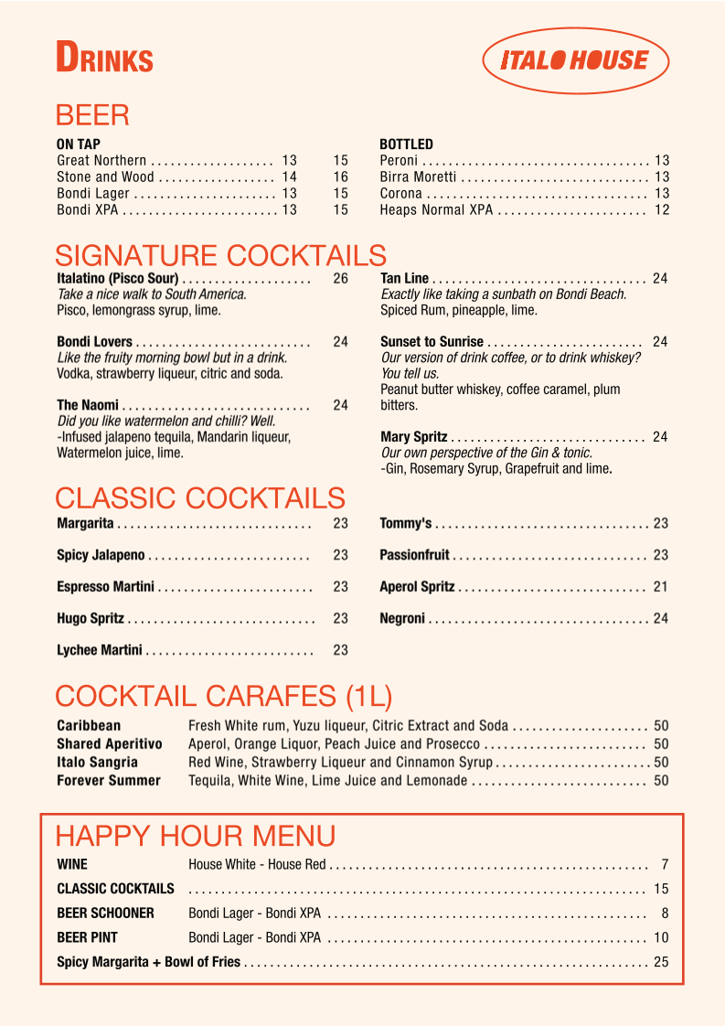 Menu, Italo House