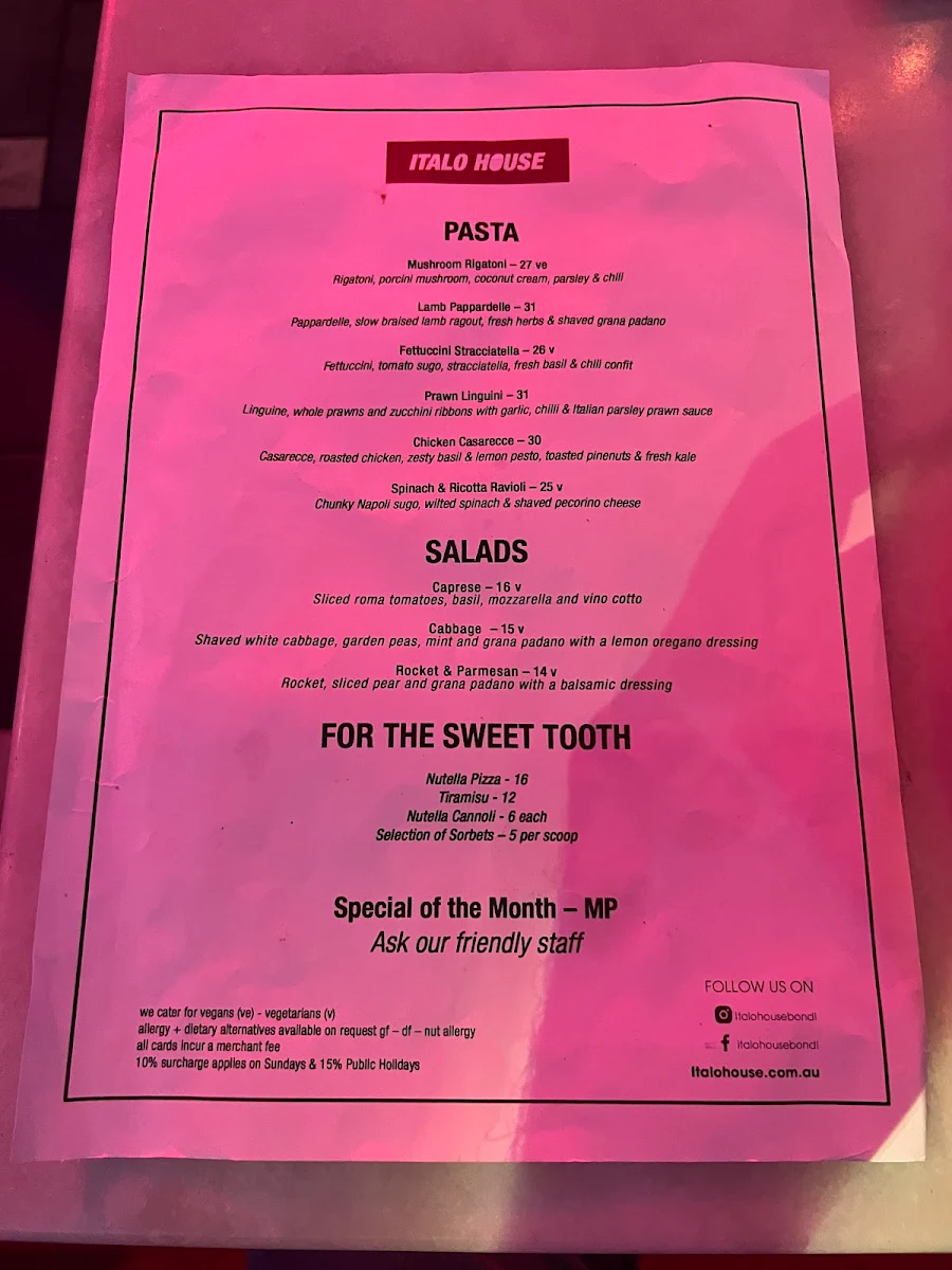 Menu, Italo House
