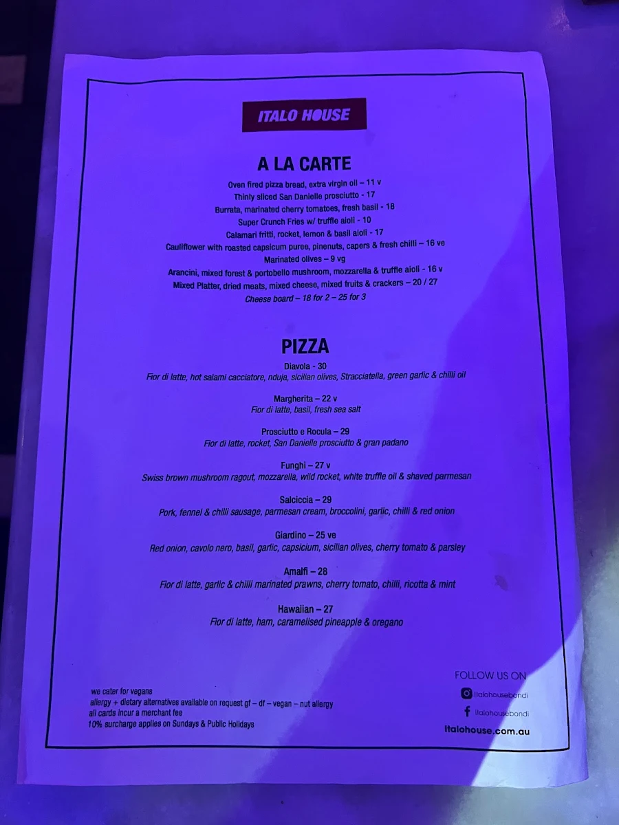Menu, Italo House