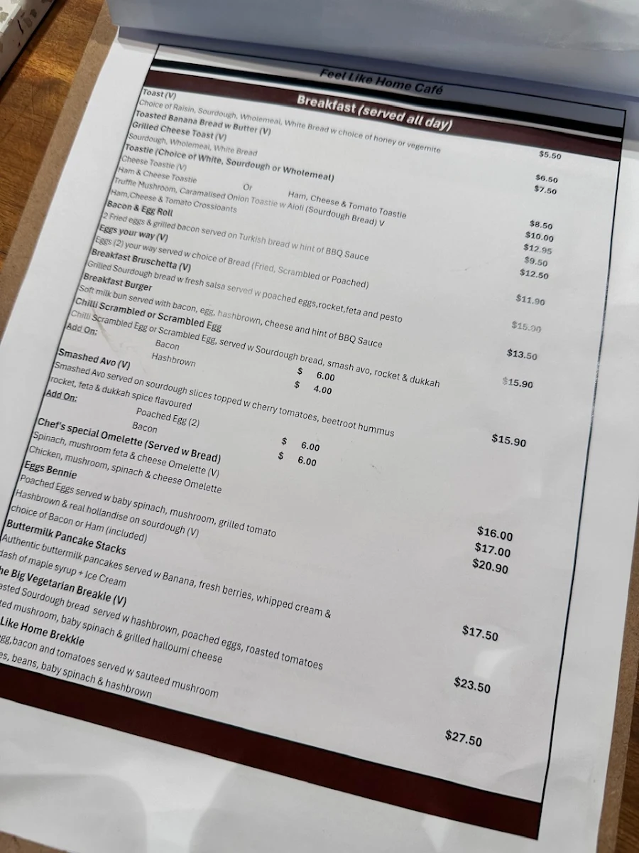 Menu, Feel Like Home Cafe