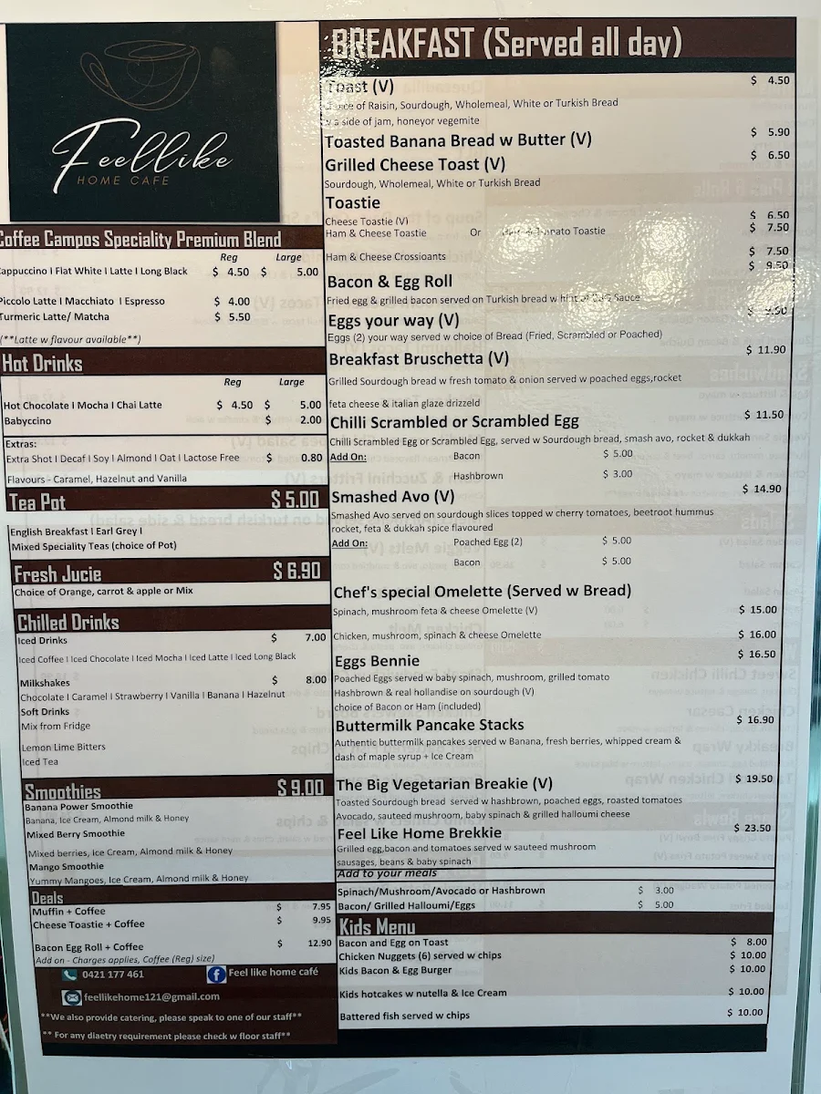 Menu, Feel Like Home Cafe
