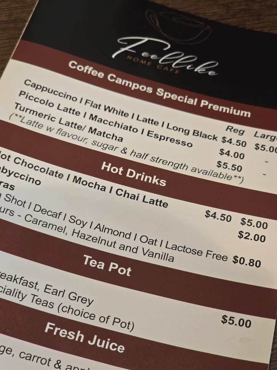 Menu, Feel Like Home Cafe