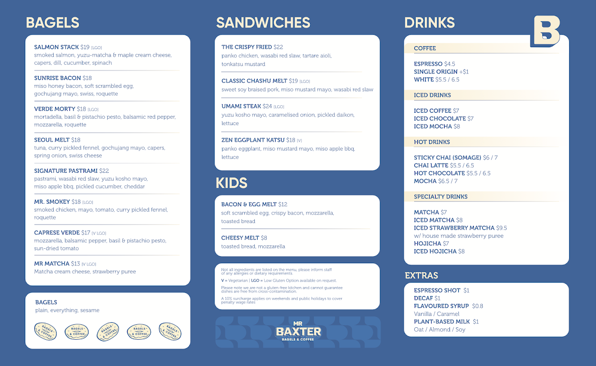Menu, Mr Baxter Cafe