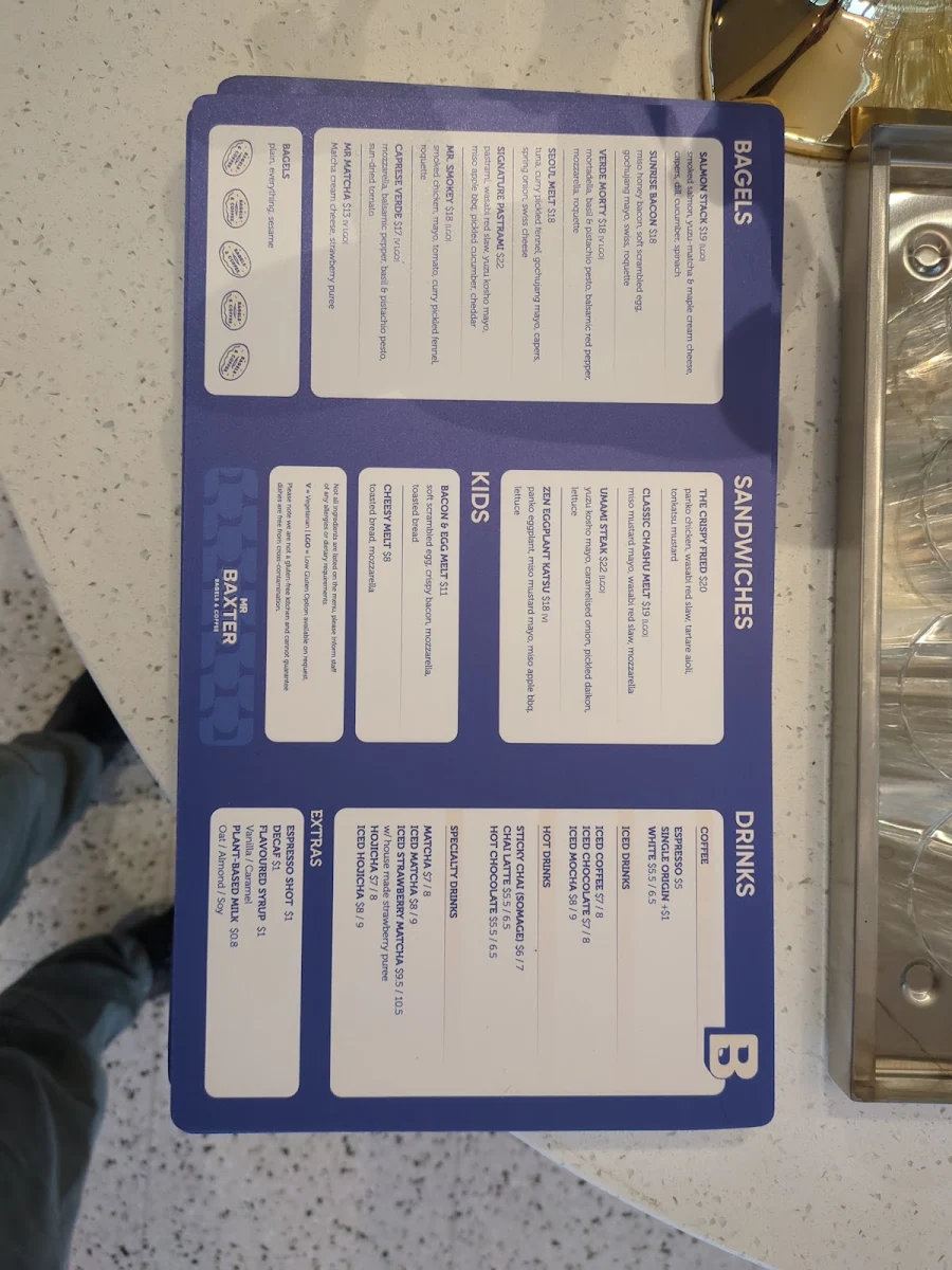 Menu, Mr Baxter Cafe