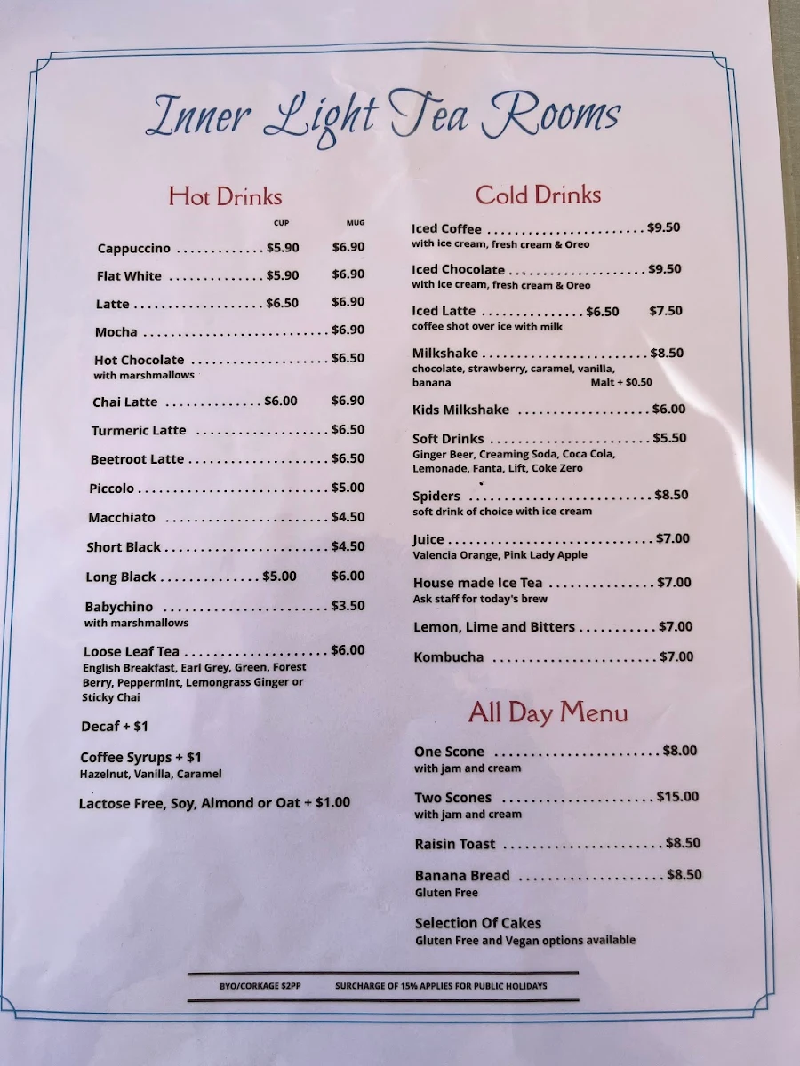 Menu, Inner Light Tea Rooms