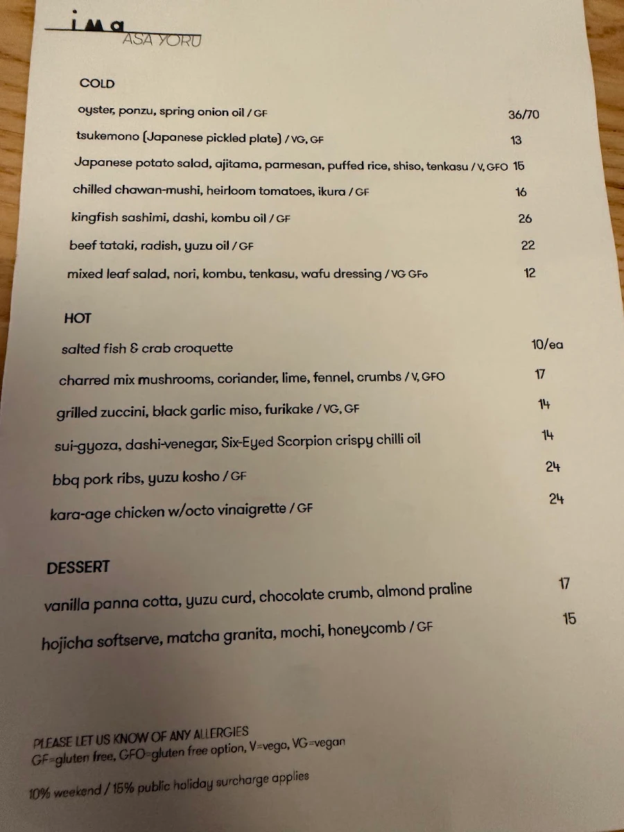 Menu, ima Asa Yoru