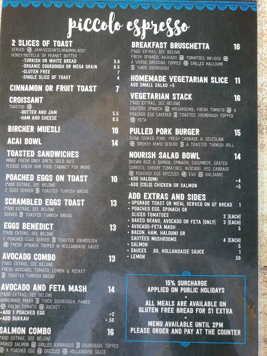 Menu, Piccolo Espresso